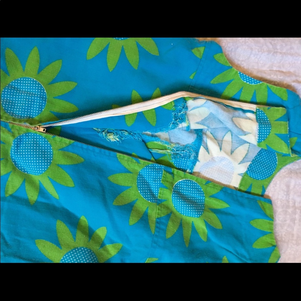 Vintage 60s Romper Maya Blue / Olivine Green Sunflower Looking Romper XS - Picture 5 of 5